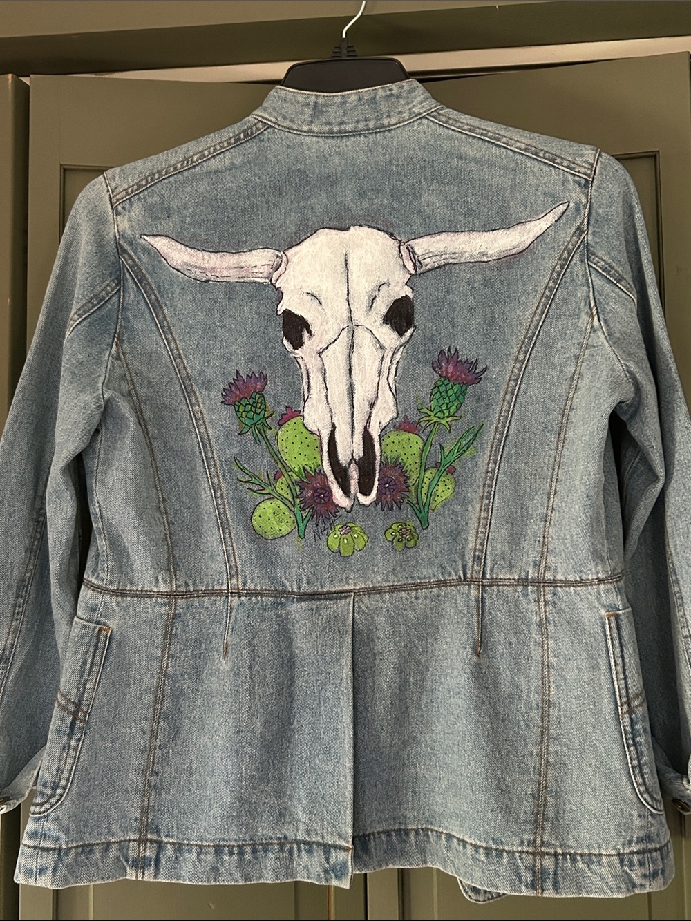 Western cut Denim Jacket with bull Skull & Cactus painted art one of one